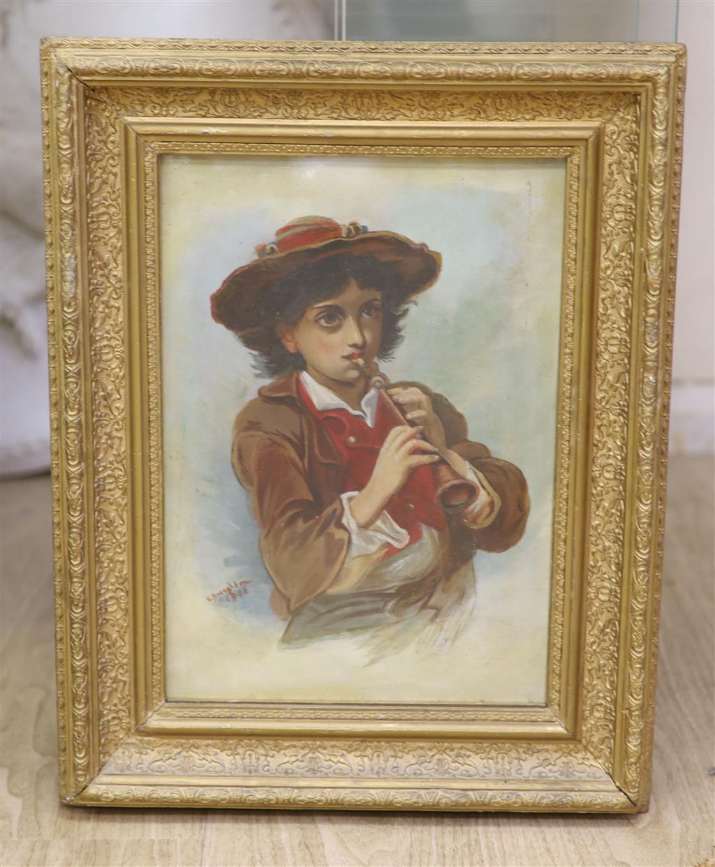 E. Broughton, oil on canvas, Portrait of an alpine boy playing a recorder, signed and dated 1906, 35 x 24cm